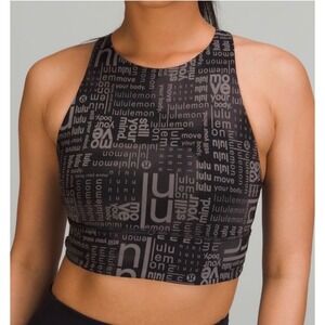Lululemon Align High Neck Sports Bra Black Word Print Strappy Back Size 8